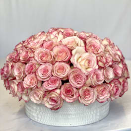 Round bouquet of pink and white roses in a white container