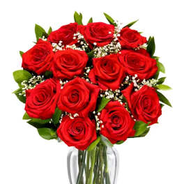 Bouquet of red roses in a clear glass vase