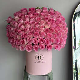 Large dome of bright pink roses arranged in a light pink round hat box.