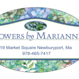 Flowers by Marianne logo with floral border and store contact information