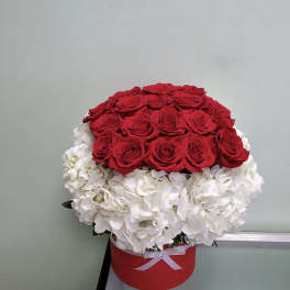 Red roses arranged over white hydrangeas in a red hat box