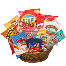 Basket of assorted snack bags and a tin of peanuts