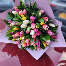 Bouquet of pink, white, and yellow tulips wrapped in lavender paper