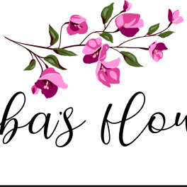 Sheba's Flowers logo with pink blossoms and cursive text