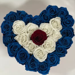 Heart-shaped arrangement of blue, white, and red roses
