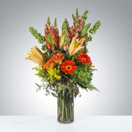 Tall arrangement of orange gerbera daisies, roses, yellow lilies and green hydrangea in a clear glass vase
