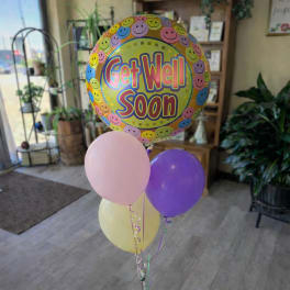 Get Well Soon balloon bouquet with three pastel balloons