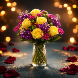 Yellow roses and purple flowers in a clear glass vase