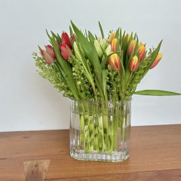 Bouquet of red, yellow, and white tulips in a clear glass vase