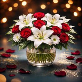 Red roses and white lilies in a clear glass vase