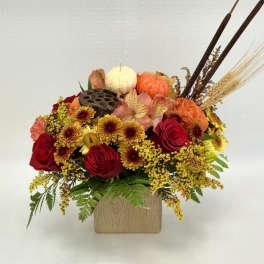 Low autumn arrangement of red roses, orange blooms, and yellow mums in a wood-look cube with wheat and mini pumpkins.