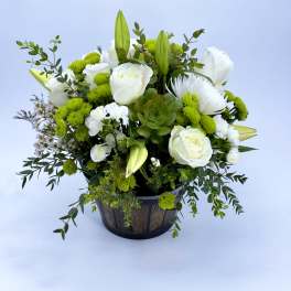 White roses, lilies, and green button mums with a succulent in a round dark pot
