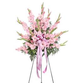 Pink gladiolus arrangement with a patterned ribbon on a stand