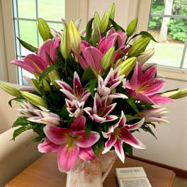 Bouquet of pink and white lilies in a white vase