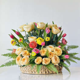 Basket arrangement of cream and pink roses with tulips and ferns