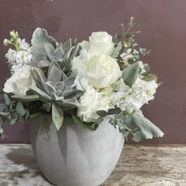 White roses and succulents arranged in a gray pot