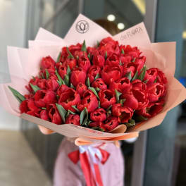 Bouquet of red tulips wrapped in pale pink paper