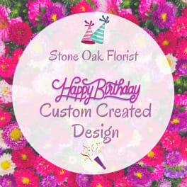 Birthday graphic with pink and purple flowers around a circular sign