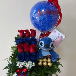 Bouquet with red and blue roses, a Stitch plush, chocolates, and a blue balloon