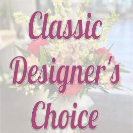 Text reading "Classic Designer's Choice" over a blurred floral bouquet background