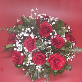 Bouquet of red roses with white baby's breath on a red background