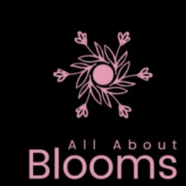 Pink floral logo with the words All About Blooms on a black background