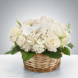 Low basket arrangement of white roses, hydrangeas, orchids, and other flowers.