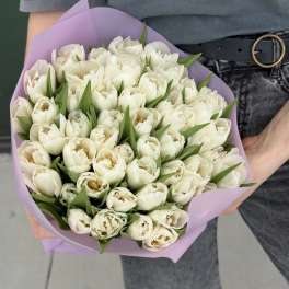 Bouquet of white tulips wrapped in lavender paper