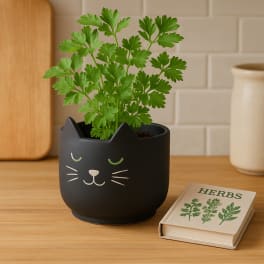 Potted herb in a black cat-shaped planter beside a small herb book