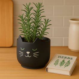 Potted herb plant in a black cat-face planter beside a herb book