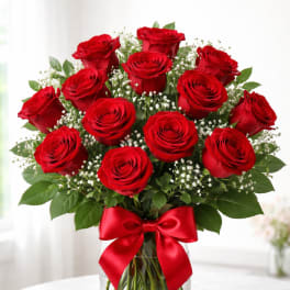 Red roses in a glass vase with baby's breath and a red ribbon