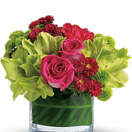 Pink roses and red-green flowers in a clear glass vase
