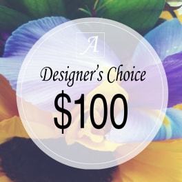 Designer’s Choice $100 floral arrangement graphic with colorful petals