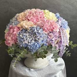 Pastel hydrangea arrangement in a white pedestal vase with ribbon