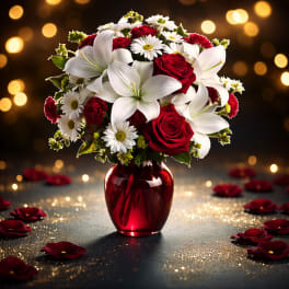 Red roses and white lilies in a red glass vase