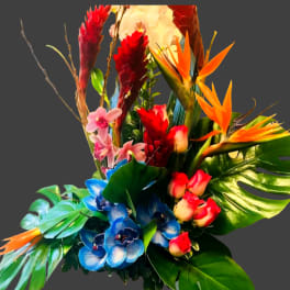 Tropical bouquet with orange bird of paradise, red ginger, blue orchids, and pink roses