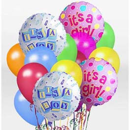 Cluster of colorful balloons, including two "It's a Boy" and two "It's a Girl" balloons
