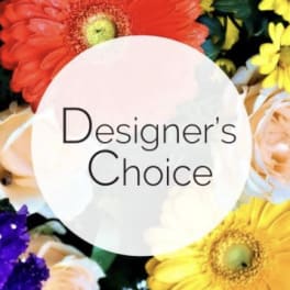 Graphic with mixed colorful flowers behind a circle label reading 'Designer’s Choice'.