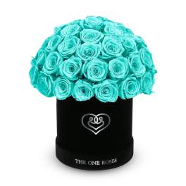 Turquoise roses arranged in a black hat box