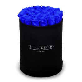Blue roses in a black round box