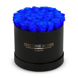 Blue roses in a black round box