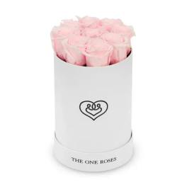 Pink roses arranged in a white cylindrical box with a heart logo