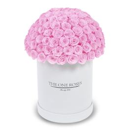 Pink rose bouquet in a white cylindrical box