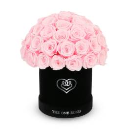 Pink roses arranged in a black round box