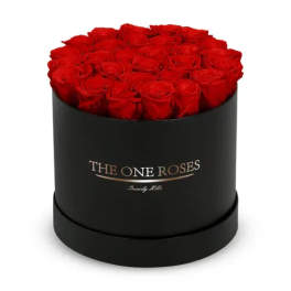 Round box filled with red roses
