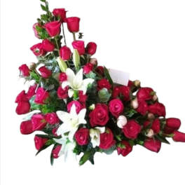 Large bouquet of red roses and white lilies