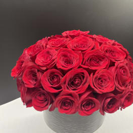 Round bouquet of red roses in a white vase