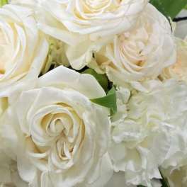 Close-up of white roses and white ruffled flowers