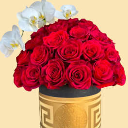 Red roses arranged in a gold round box with white orchids
