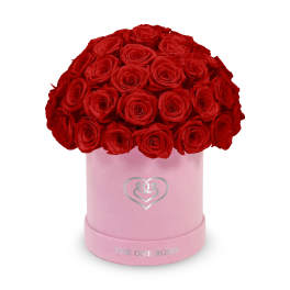 Red roses arranged in a pink round box with a heart logo